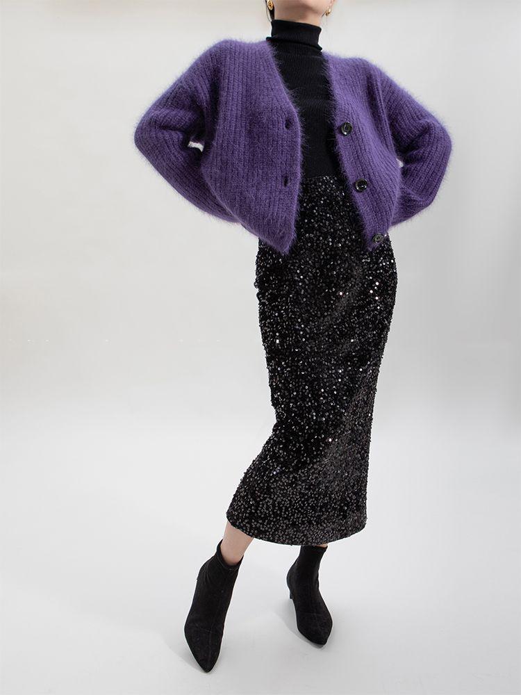 European & American Style Purple Faux Mink Velvet V-Neck Long-Sleeve Knitted Cardigan Sweater
