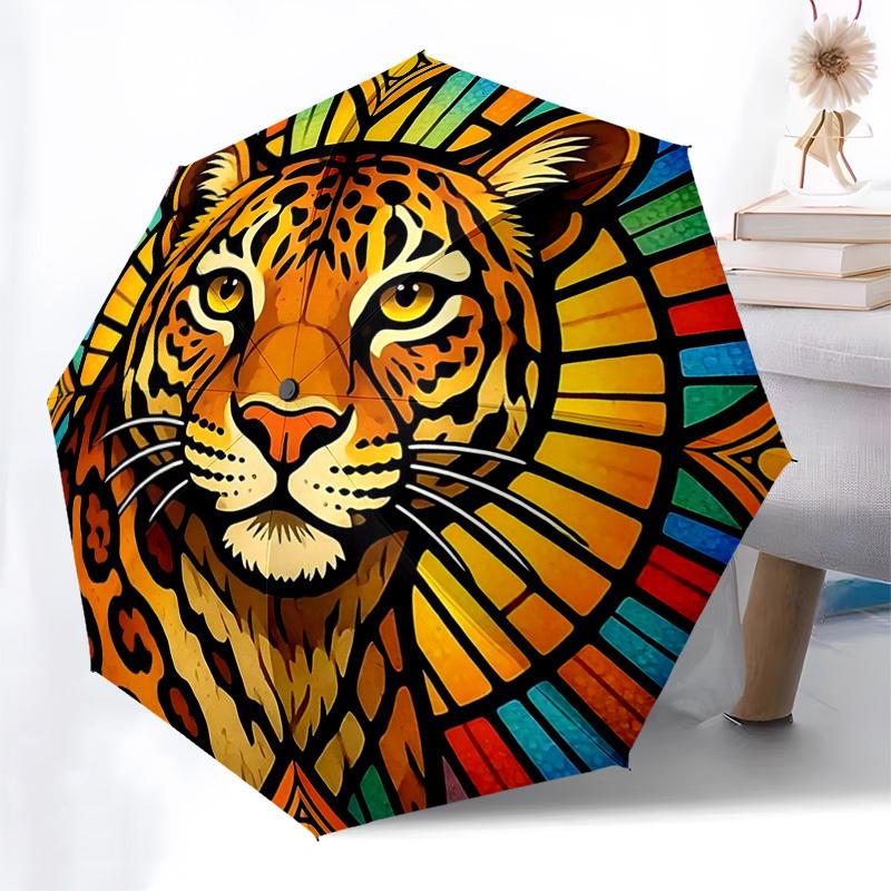 

1pc Colorful Tiger Print Automatic Folding Umbrella - Portable 3-Fold Design with Iron Frame, Outdoor for Fans, Travelers & Daily Use, Perfect Gift Id
