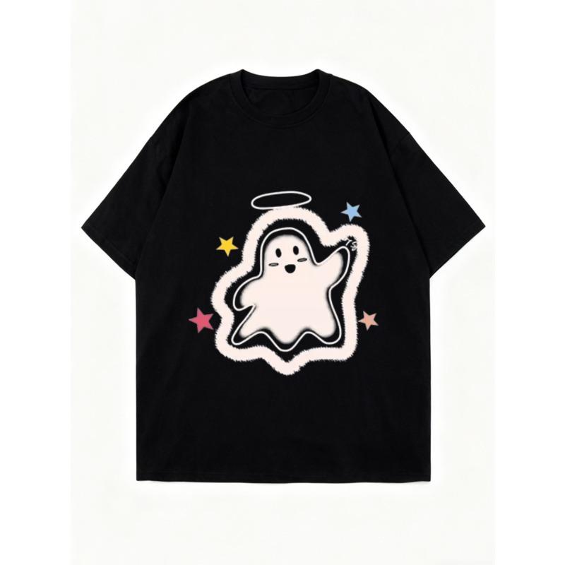 Oversized T Shirt Black Cute Ghost With Halo And Stars Print Casual Wear For Women Summer Streetwear Fashion Top