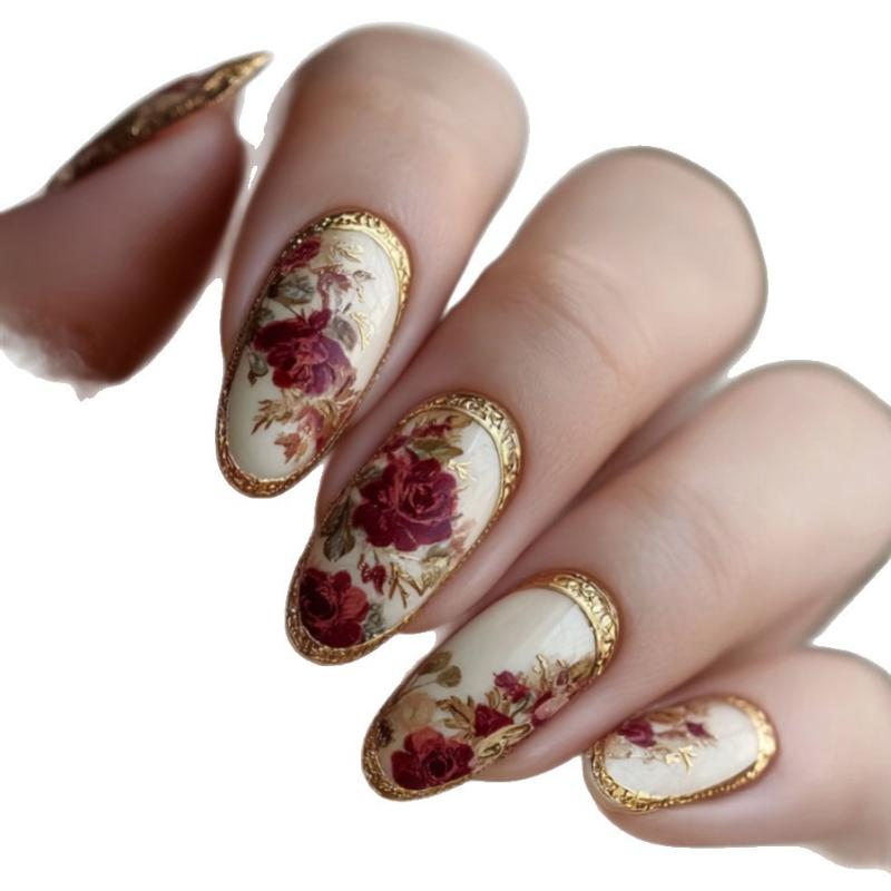 24Pcs Almond Press On Nails Gold Rose Floral Oil Paint Design Elegant Fake Nails For Women Gift
