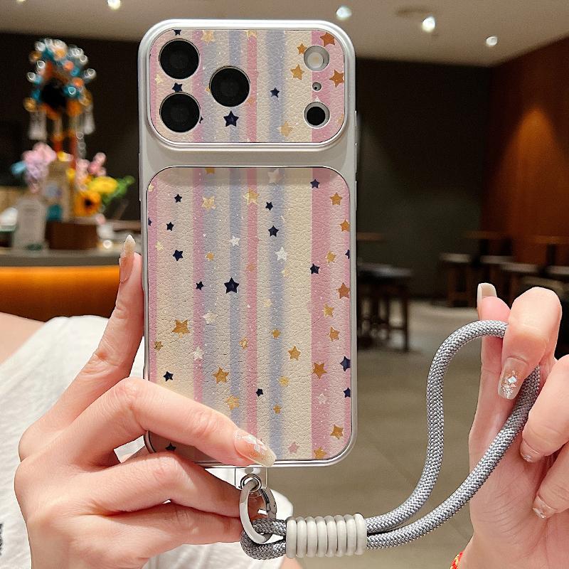 Creative Starry Stars Print Leather Lanyard Case For iPhone 18 Pro Max Hybrid TPU+PU Anti-skid Soft Cover For iPhone 17 16 15 14 13 Pro Max