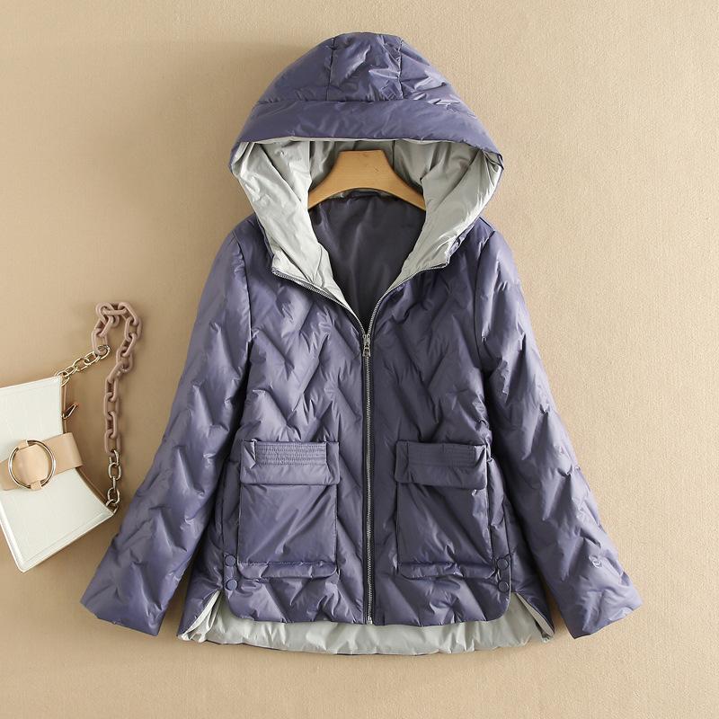 Winter new women's clothing contrasting colors and thin short hooded down jacket warm jacket white duck down front short and back long