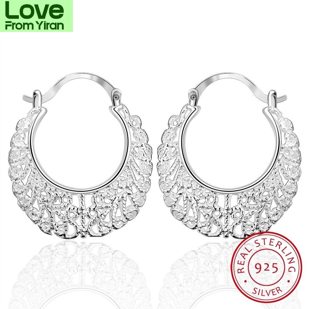 

Подлинные настоящие цельные серебряные полые серьги-кольца с цветком для женщин, изящные ювелирные женские круглые гладкие серьги в подарок