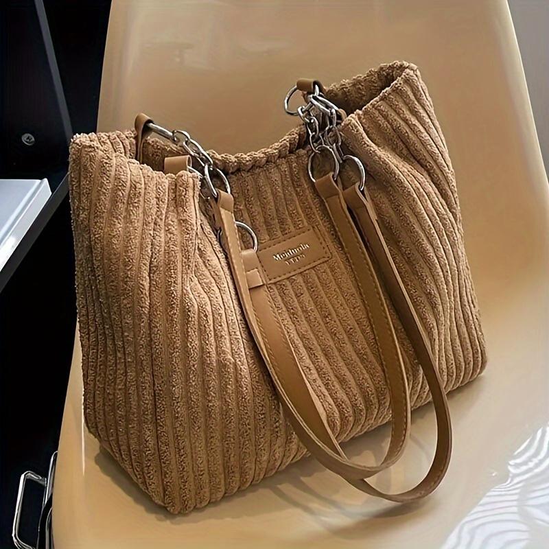 An Elegant Corduroy Handbag for Women,Featuring A Chain Shoulder Strap,Spacious Design,Perfect for Daily Commuting,with A Polyester Lining,Zip Closure