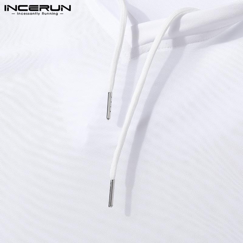 INCERUN Summer Men Drawstring Sleeveless Mesh Hooded Tank Tops