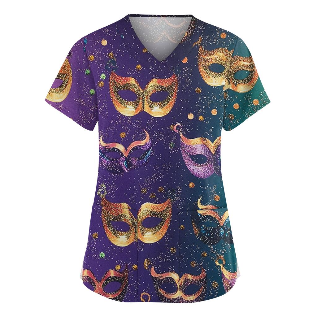 Women's Fashion V-Neck Short Sleeve Overalls With Pockets  Print Tops  Clothes