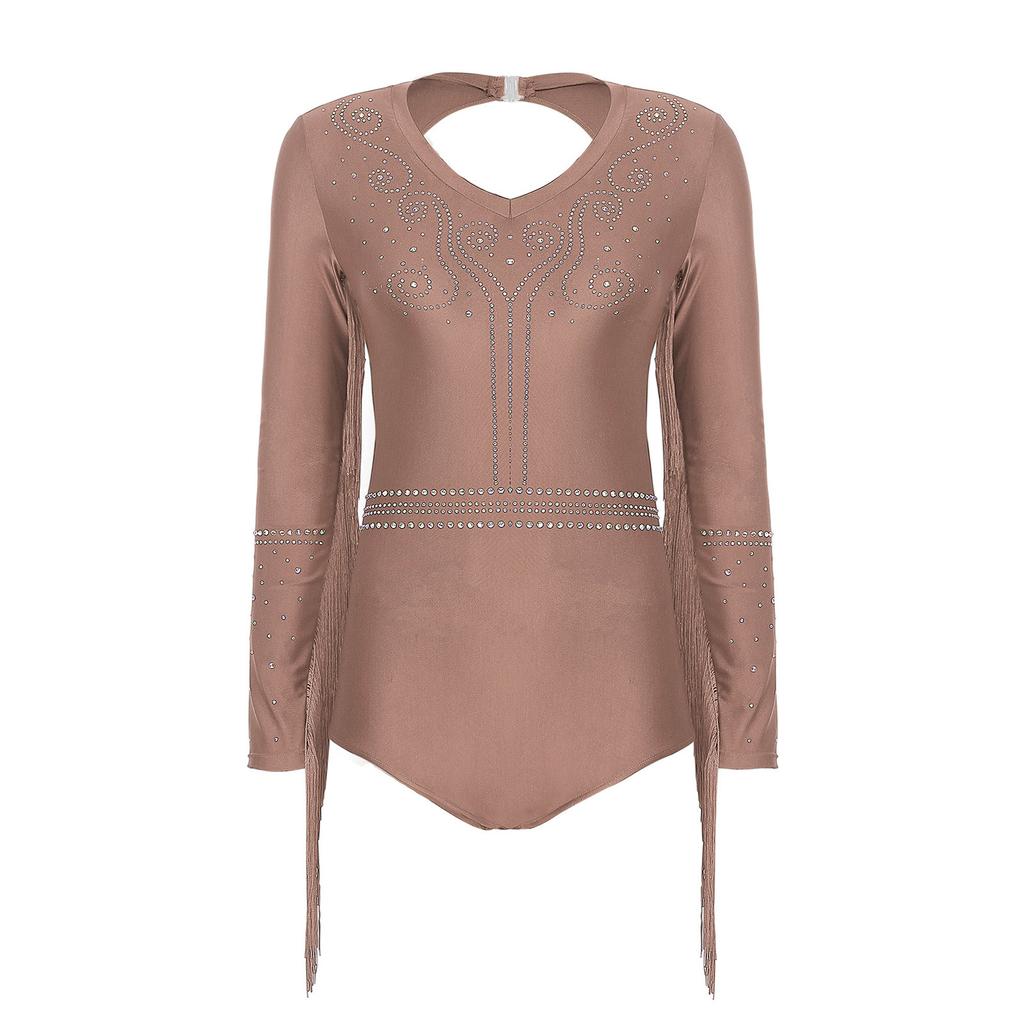 Womens Latin Dance Costume Shiny Rhinestone Tassel Leotard V Neck Long Sleeve Cutout Back Bodysuit for Tango