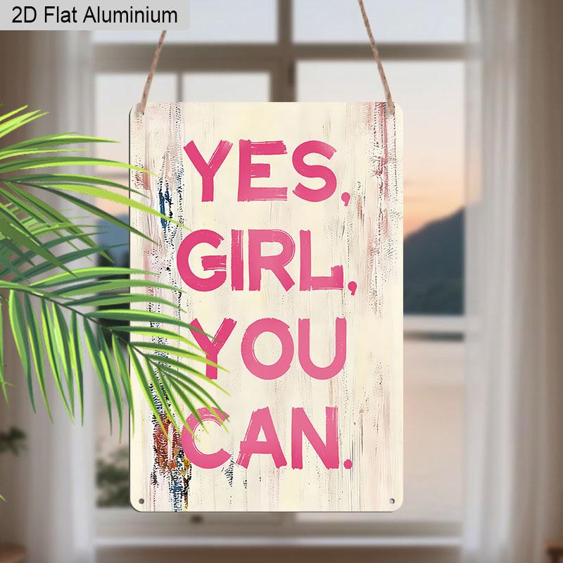2D Flach, 1 Stück "Ja, Mädchen, Du Schaffst Das" Aluminium Metall Wanddekor Schild - 8"x12" Rosa Inspirierendes Zitat Dekor, Rustikales Holzmaserung Feministische Wandkunst