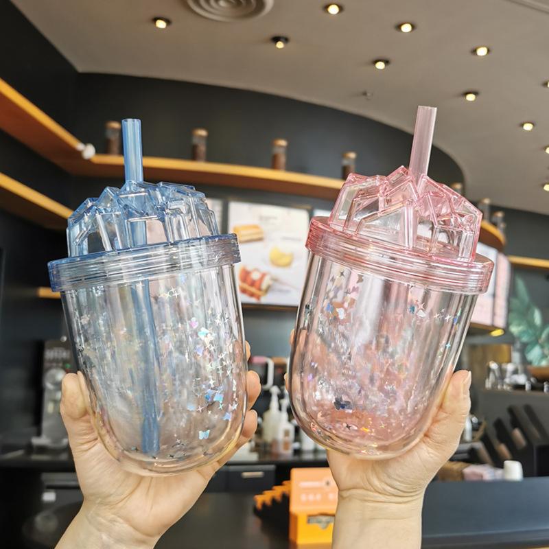 Korean Version of The Large-caliber Straw Milk Tea Cup Large-capacity Double-decker Student Couple Glitter AS Plastic Cups.
