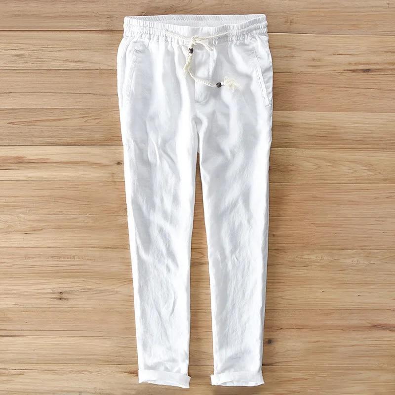 Spring and Summer New Man Pants Natural Pure Linen Long Pant Solid Color Drawstring Elastic Waist Trousers Daily Casual Pants