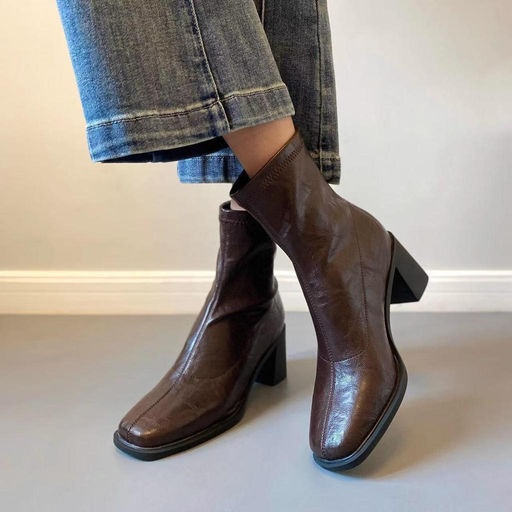 Silent-Sole High-Heeled Stretch Ankle Boots: Retro Chunky Style for Urban Autumn/Winter Commutes