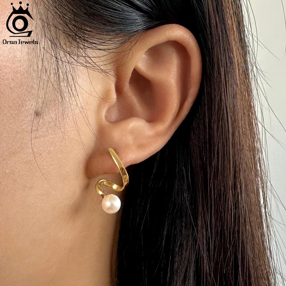ORSA JEWELS Classic 925 Sterling Silver Geometry Earrings with 6mm Cultured Freshwater Pearl for Women Anniversary Jewelry GPE33