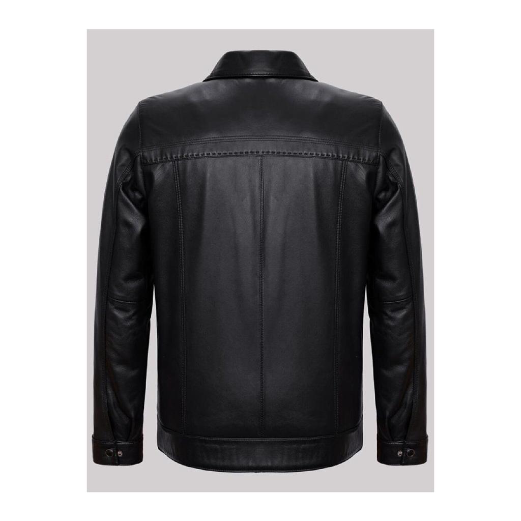 Genuine Leather Black Flat Pocket Men's Leather Coat