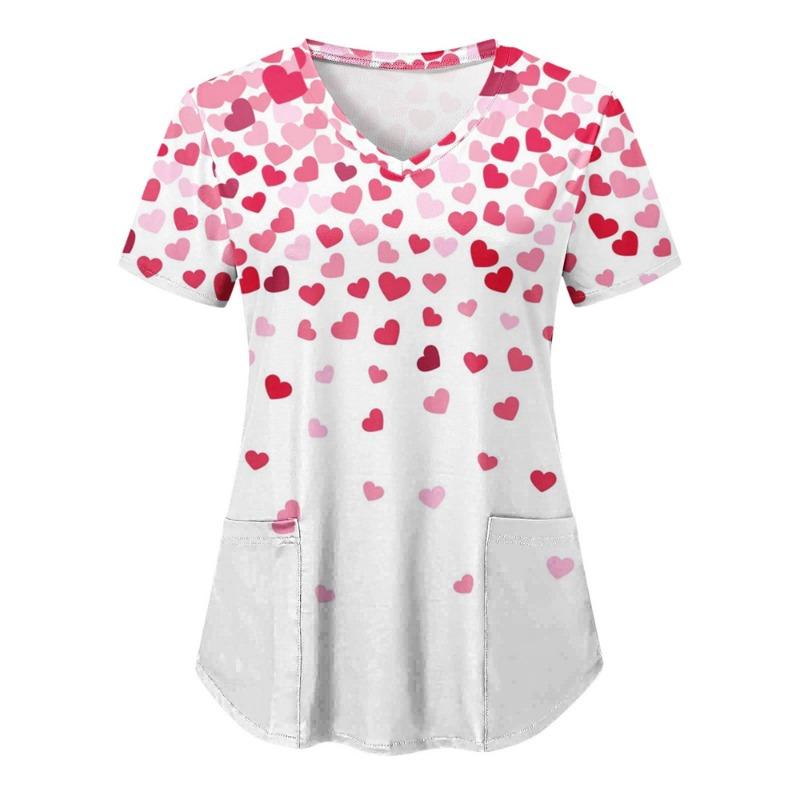 Toppar Dam Skrubb Sjuksköterska Tryck Kort Ärm Tecknad V-ringad Toppar Arbets T-shirts Hjärttryck Sjukvård Tunika Vårdare Arbetskläder Toppar