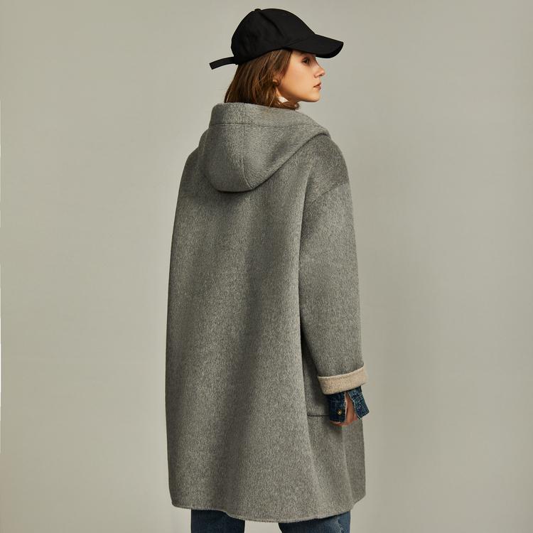 ELLE French Style Gray Sheepskin Mid-Length Single-Breasted Casual Loose Versatile Hooded Long Sleeve Double-Sided Wool Soft Coat Women Coats EN36356