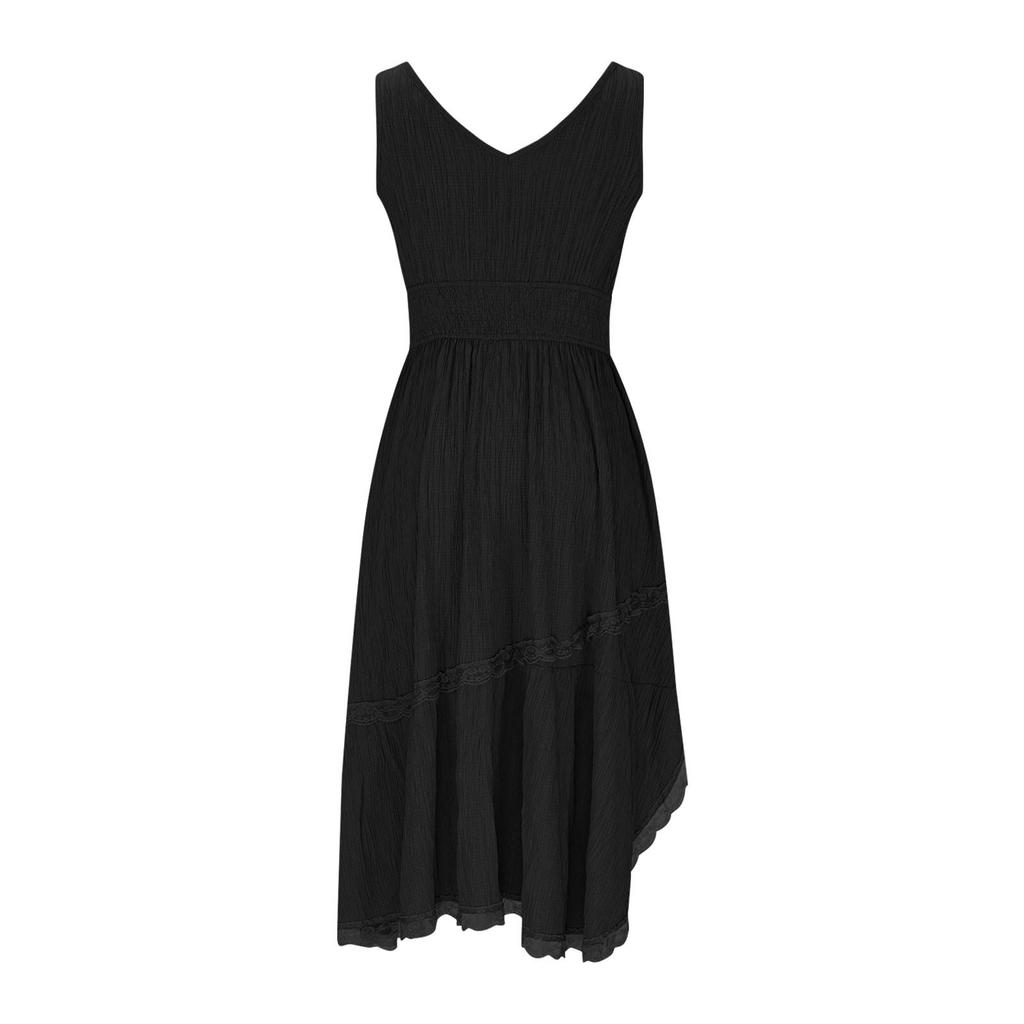 Women’s Vintage Casual Drawstring Lace Trim Dress Sleeveless High Low Hem V Neck A Line Midi Dress for Summer