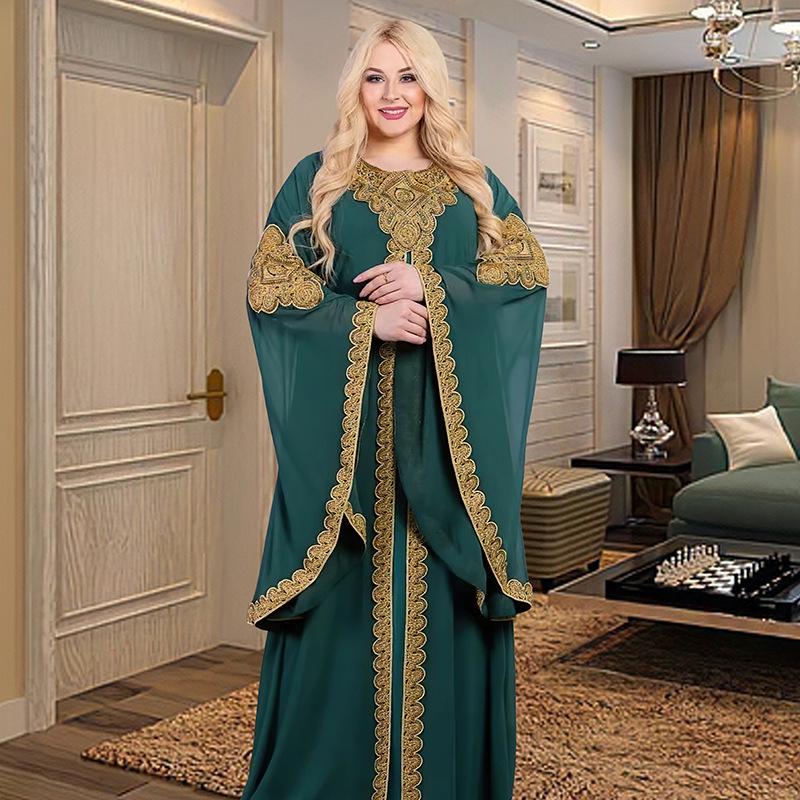 Embroidered Flared Sleeve Jalabiya with Gold Lace