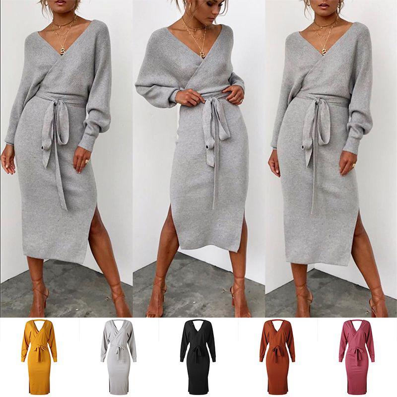 Elegant Women Winter Deep V-neck Knitted Sweater Dress With Cozy Long Sleeves