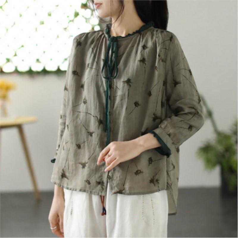 

Johnature Женские винтажные рубашки с цветочным принтом и пуговицами Блузки с длинным рукавом Осенние женские рубашки в китайском стиле One Size