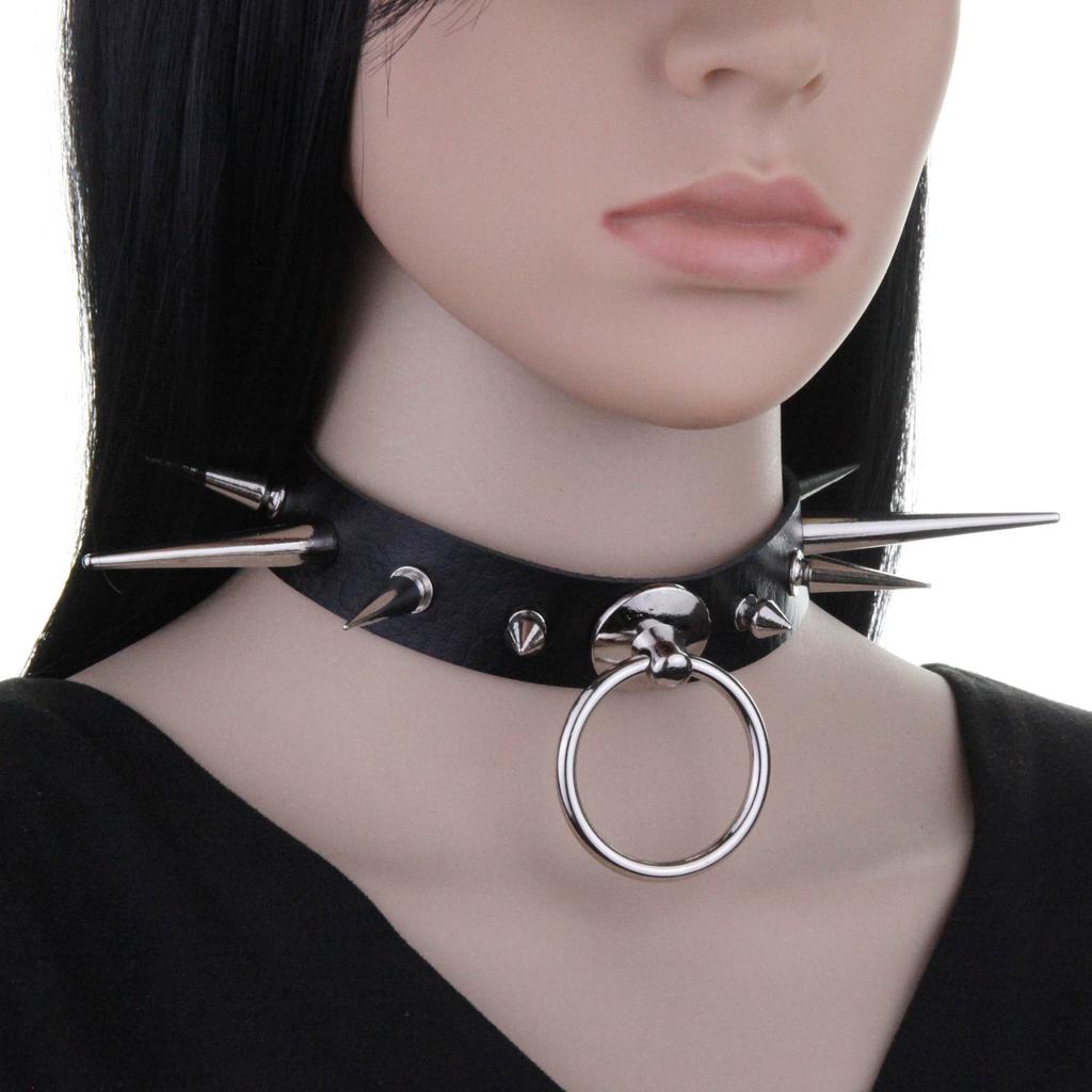 Punk Long Spike Choker Faux Leather Collar For Women Men Cool Big Rivets Studded Chocker Goth Circle Pendant Necklace Accessorie