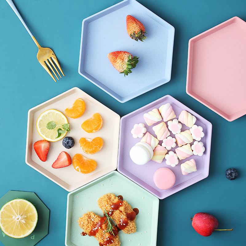 Wheat Straw Plate Household Creative Hexagonal Plate Fruit Plate Cute Small Vegetable Plate Japanese Platter Dining Table