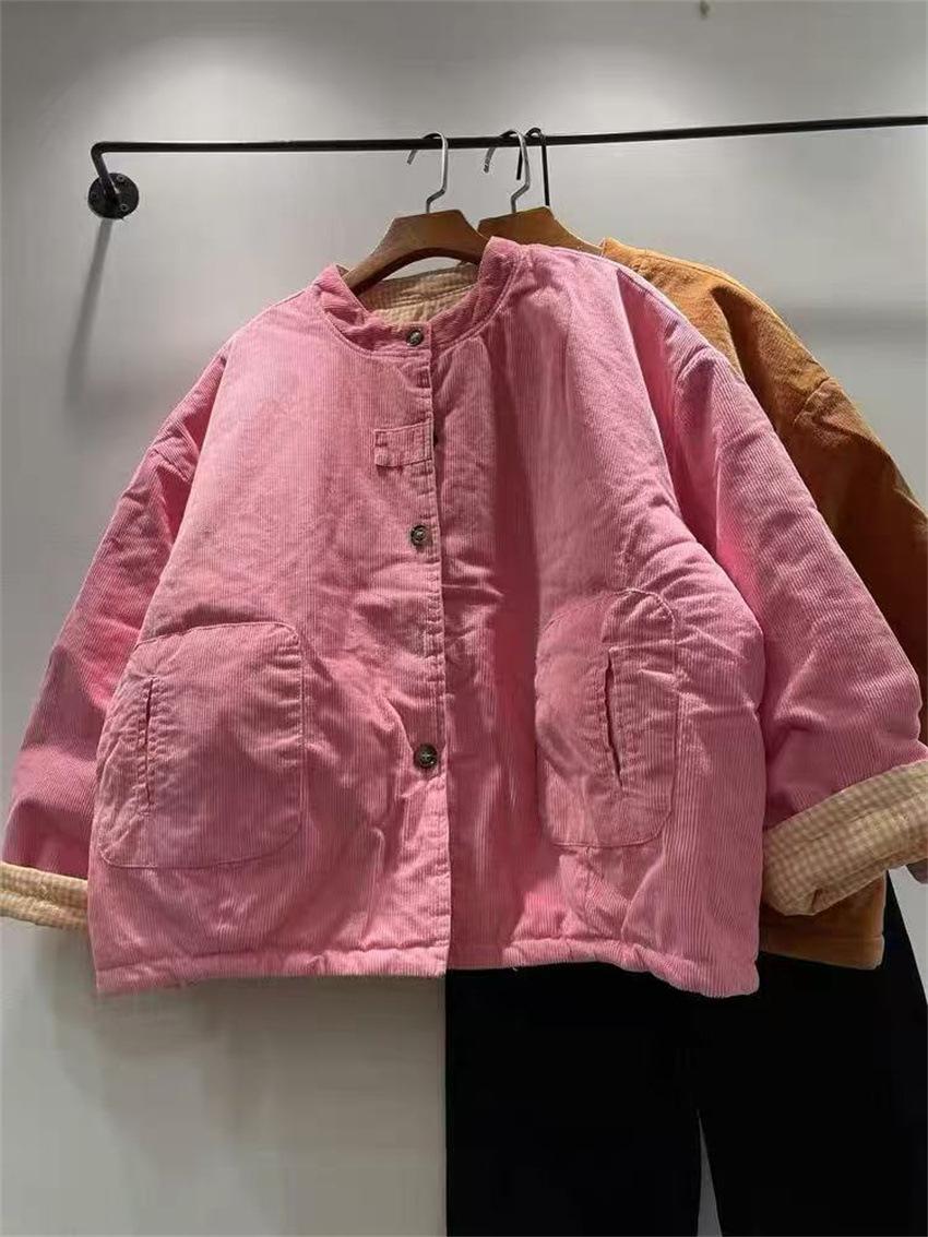 

Johnature Зимняя ретро вельветовая куртка Двусторонняя теплая женская свободная хлопковая повседневная лоскутная куртка розовый