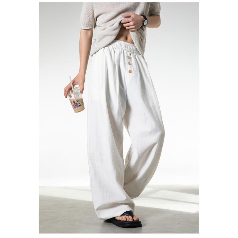 Mens Loose Straight Long Contrast Color Button Front Casual Pants