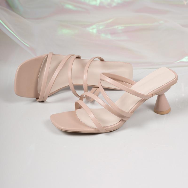 Fashion Summer New Plus Size Sandals Solid Color Outside Wear Versatile Square Toe Fashion Slender Strap Stiletto Cool Mopping