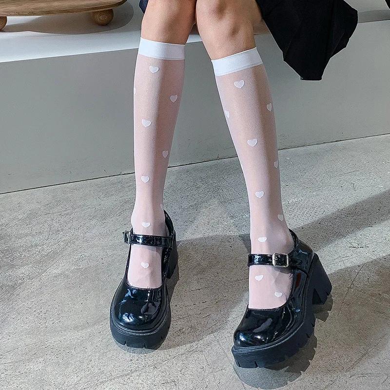 Heart Print Stockings Women Ultra-Thin Transparent Nylon Long Socks Jk Lolita Sweet Girls Kawaii Cute Knee Socks Women Stockings One Size