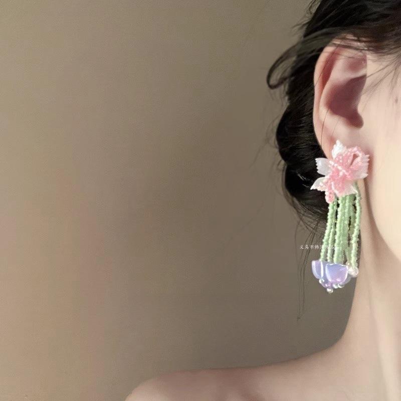 Reisperlen Kristall Blume Quastenohrringe klein frisch Urlaubsstil süße Ohrringe super feenhaftes Temperament Mori Ohrringe