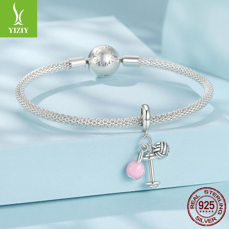 Pink Kettlebell Volleyball Dumbbell Pendant Accessories Sweet Sports Wind S925 Sterling Silver Beaded