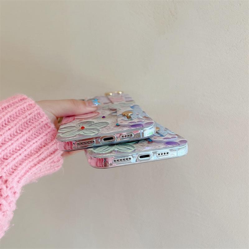 Oil Painting Flower Wrist Strap Diamond Phone Case For Iphone 16 15 Pro Max