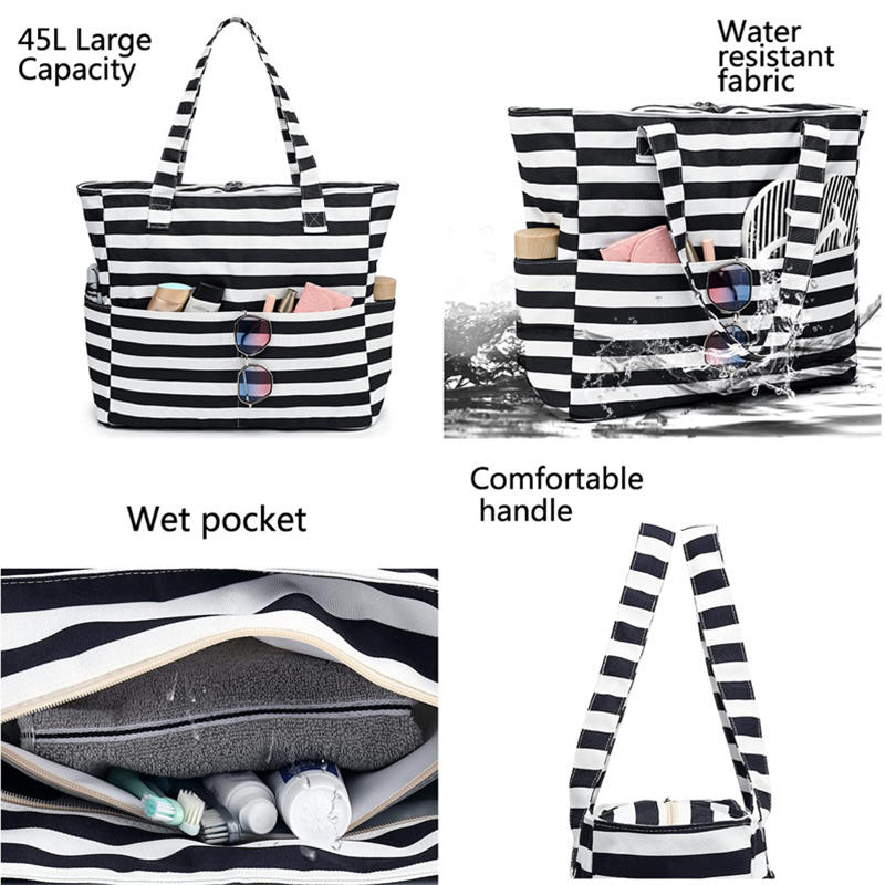 1PC Beach Tote Bag Lightweight Foldable Multi-Pocket Design With Zipper Bag Perfect For Pool Travel Gym And Outdoor Adventures Handbag