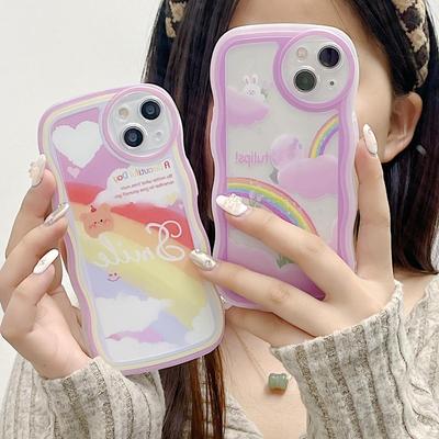 Transparent Wave Edge Painted Silicone Case for Xiaomi Redmi Note 12 11 10 Samsung A54 A24 A14 iPhone 14 15 13 Funda Tulips Bunny Bear Rainbow Cover