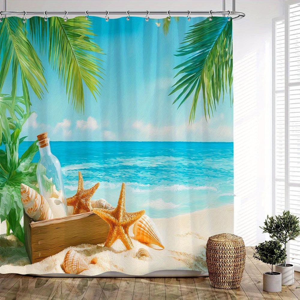 1Pc Extra Large Shower Curtain - Tropical Beach Bathroom Decor With Palm Trees, Ocean Waves, Starfish & Bottle - Machine Washabl