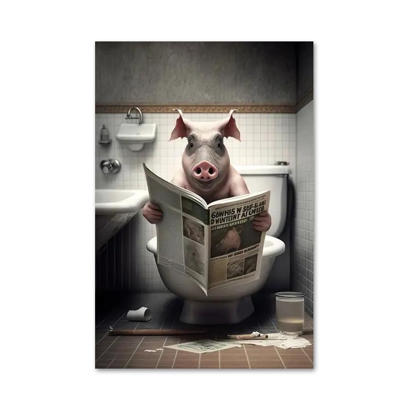 Funny Bathroom Humorous Animal Bear Dog Tiger Sitting On Toilet Reading Newspaper Canvas Painting Posters and Prints Wall Art