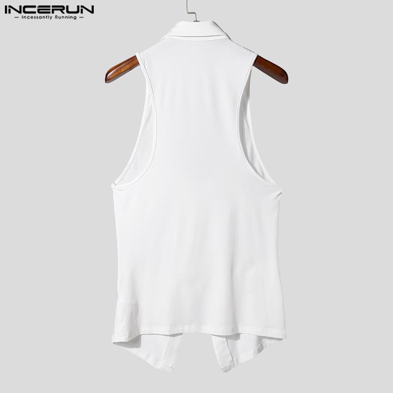 INCERUN Men Lapel Cutout Sleeveless Mesh Patchwork Fitted Shirts Tank Tops