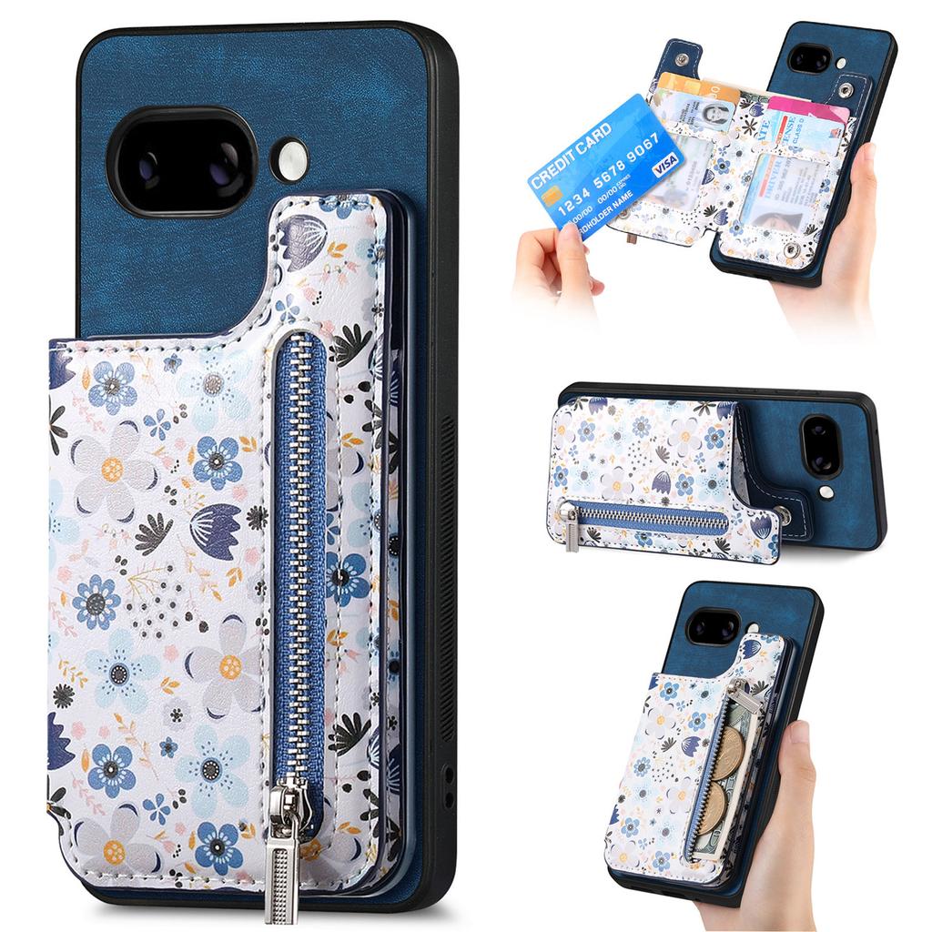 For Google Pixel 9a Leather Phone Cover with RFID Blocking Zipper Card Bag Kickstand