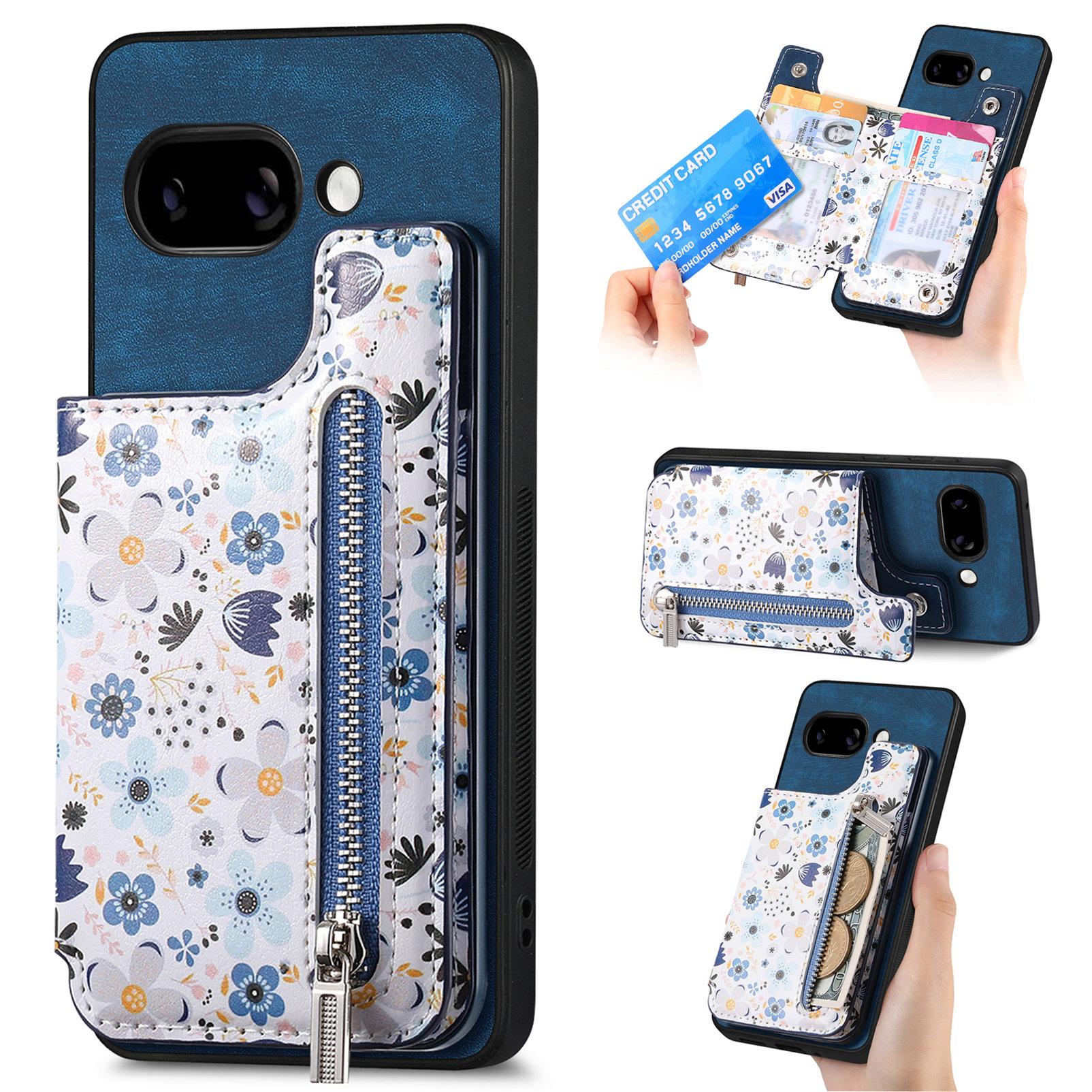 

For Google Pixel 9a Leather Phone Cover with RFID Blocking Zipper Card Bag Kickstand Blue