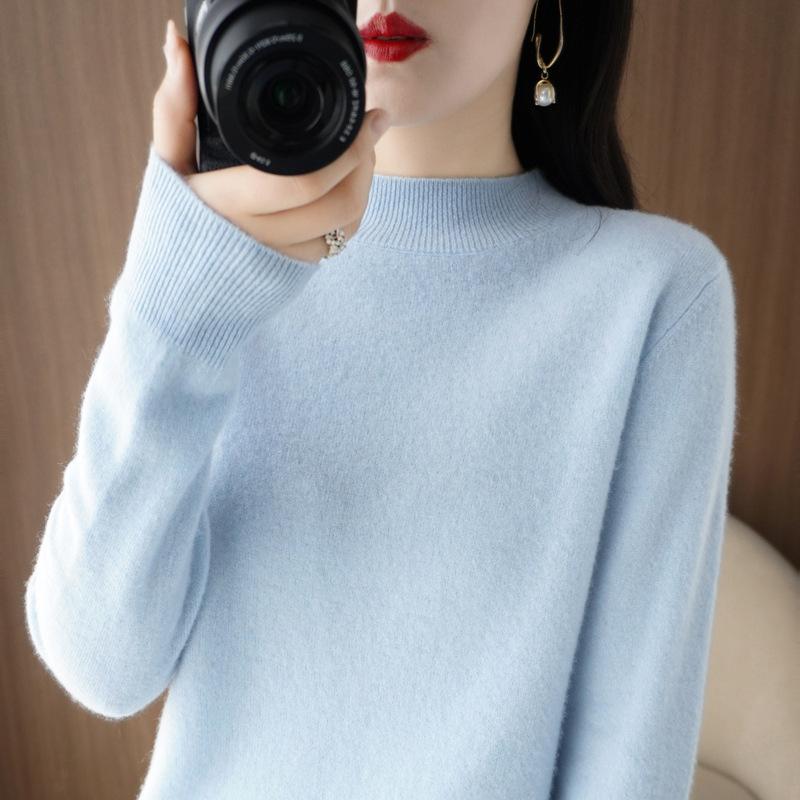 Autumn Winter Sweater Women's Korean Slim Pullover Sweater Half High Neck Knitted Sweater Short Style Solid Color Base Sweater Casual Sweater