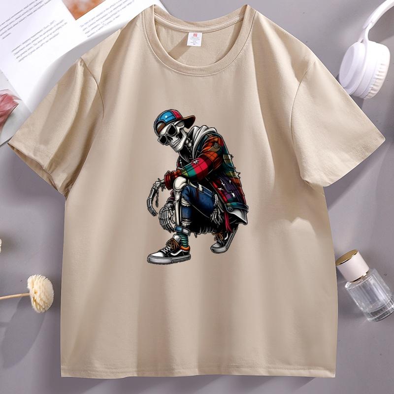 Unisexs Cotton Short Sleeve Skull Graphic Tee Casual Round Neck Short Sleeve Tshirt Cotton Printed Streetwear Male Clothing Tops