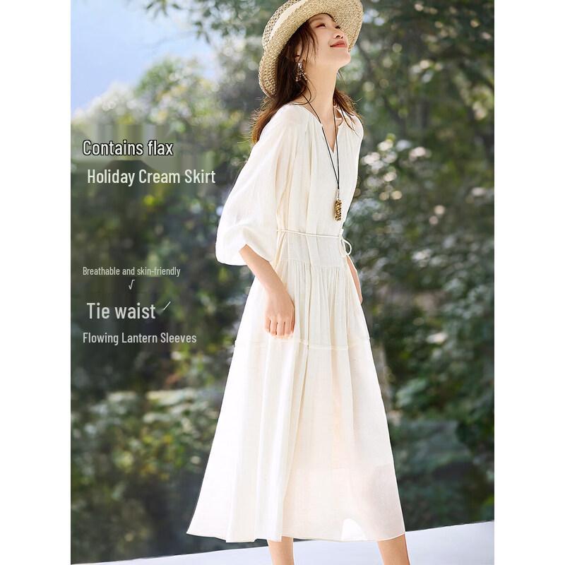 Mohan Yimei French Style Linen Blend V-Neck Midi Dress 2XL