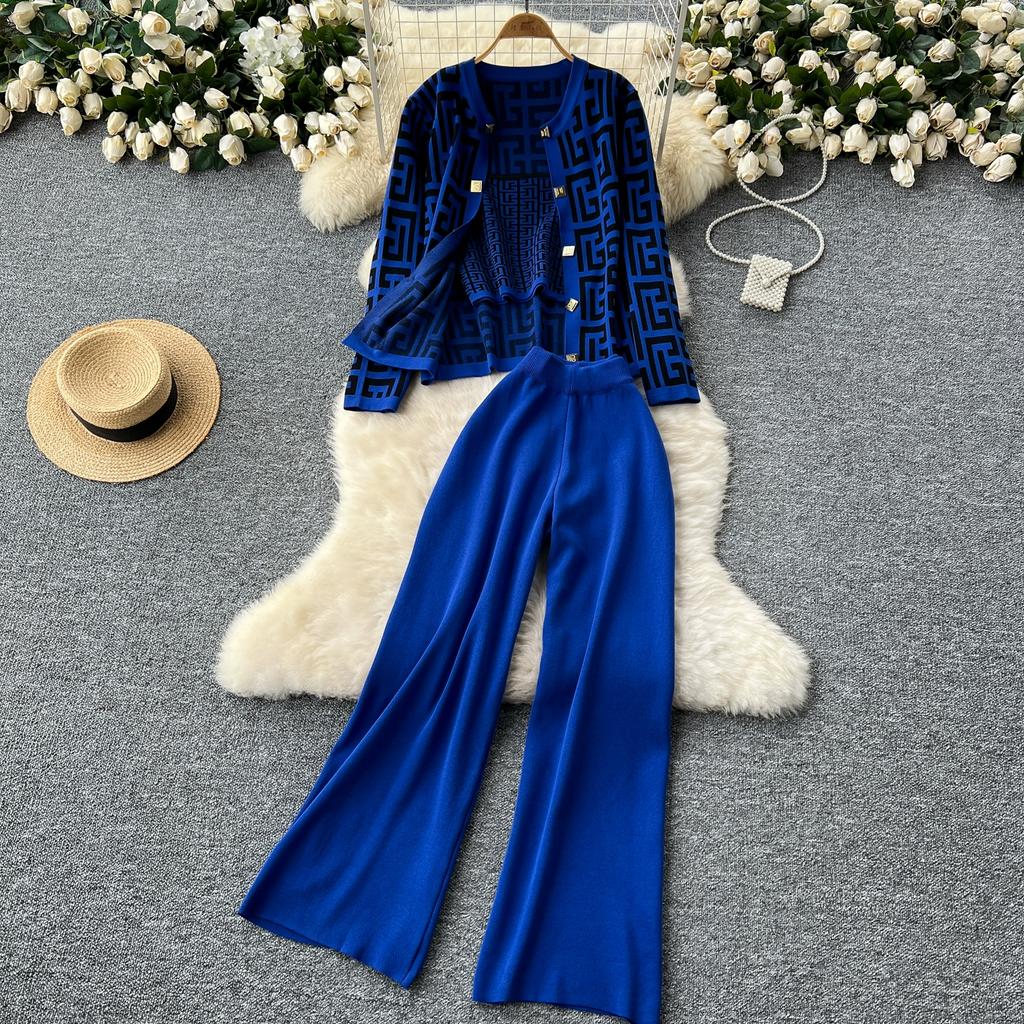 Autumn Winter Vintage Designer Print Knitted Sweater Pant 3 Piece Set Women Tracksuit Long Sleeve Cardigans Vest Ankle Length Trousers Outfits