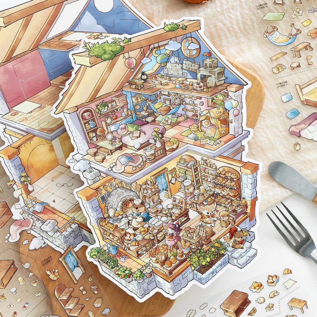 Kawaii 3D Bakery Landscape Sticker DIY Pocket Cabin Scene Festival Gift