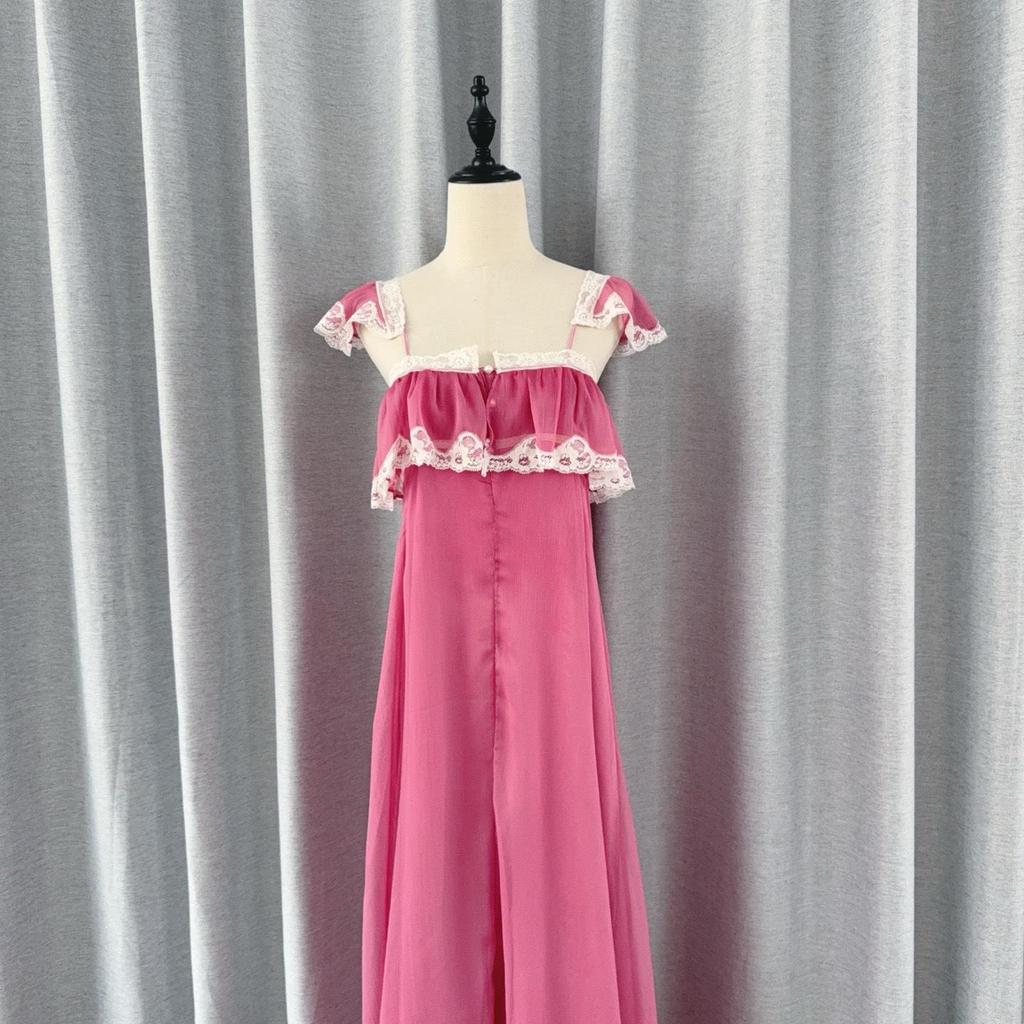 Pink Lace-Trim Cap Sleeve Maxi Dress, Yi Mengling Style, In Stock