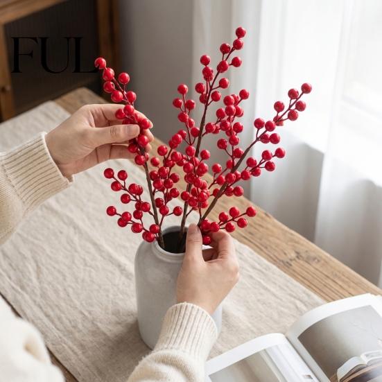 Artificial Holly Berry Branches Red Stems, Christmas Picks for Tree Decor, Realistic Stems Faux Winter Floral Decor Wreath Vase Indoor Home