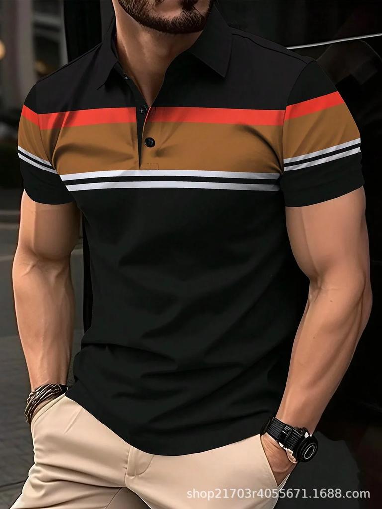 Men's Short-sleeve Striped Polo Shirt, Stylish for Casual Daily Wear.