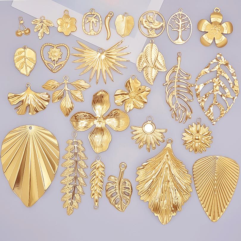 6pcs Gold Color Stainless Steel Charms For Jewelry Making Supplies Plant Leaf Flower Pendant Charm Cherry Pepper Sunflower Charm