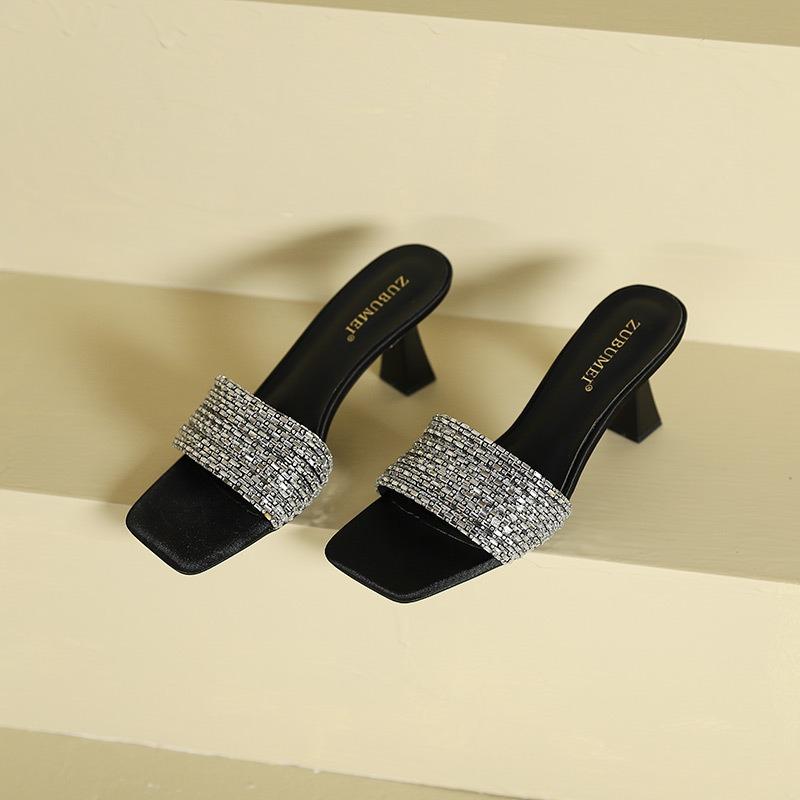 33-One-word high-heeled slippers women's summer new square head wine glass and high-heeled shoes rhinestone cool slippers women