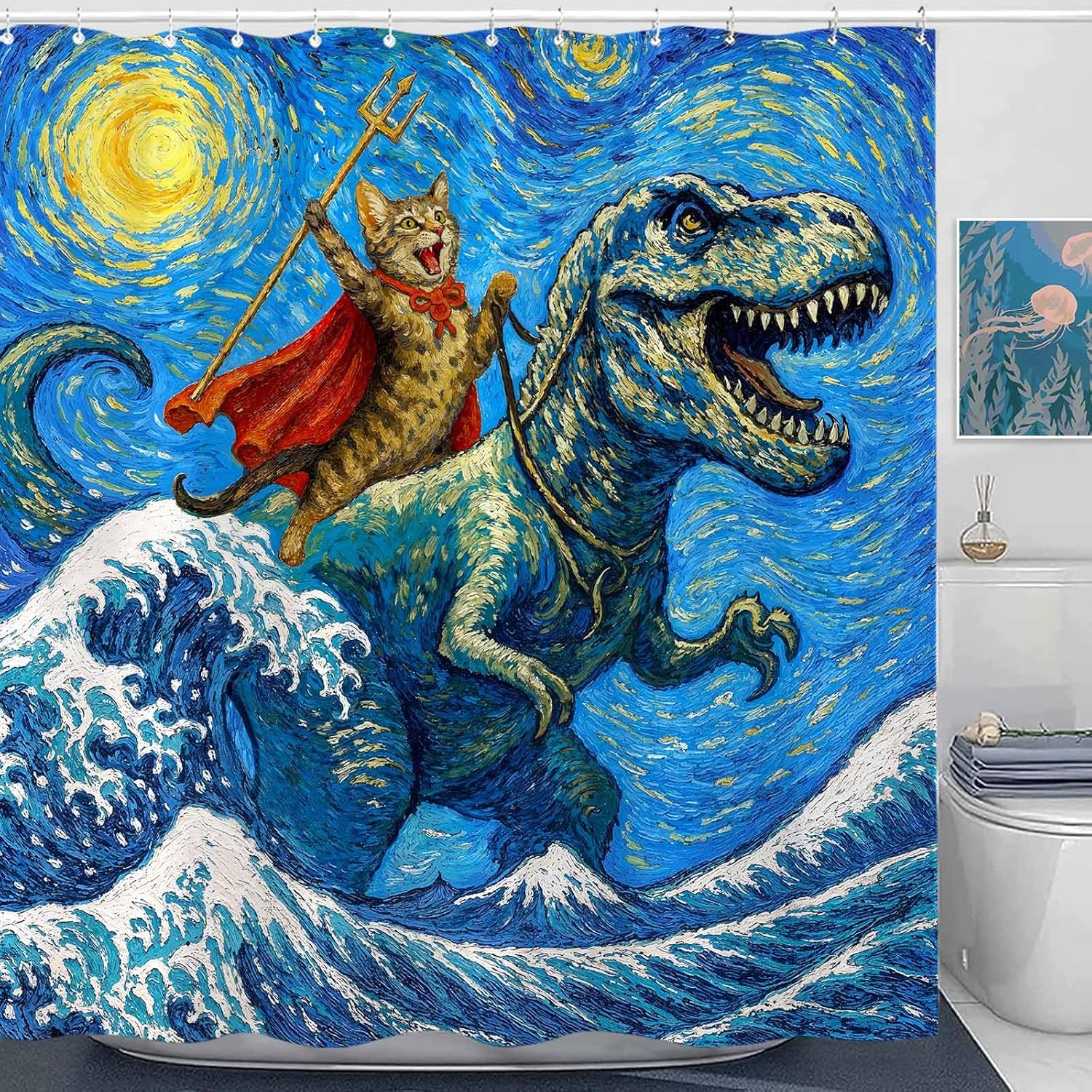 

Funny Cat Shower Curtain Set Starry Art Style Dinosaur Rider Waterproof Bathroom Shower Curtain Humorous Animal Fantasy 90x180cm